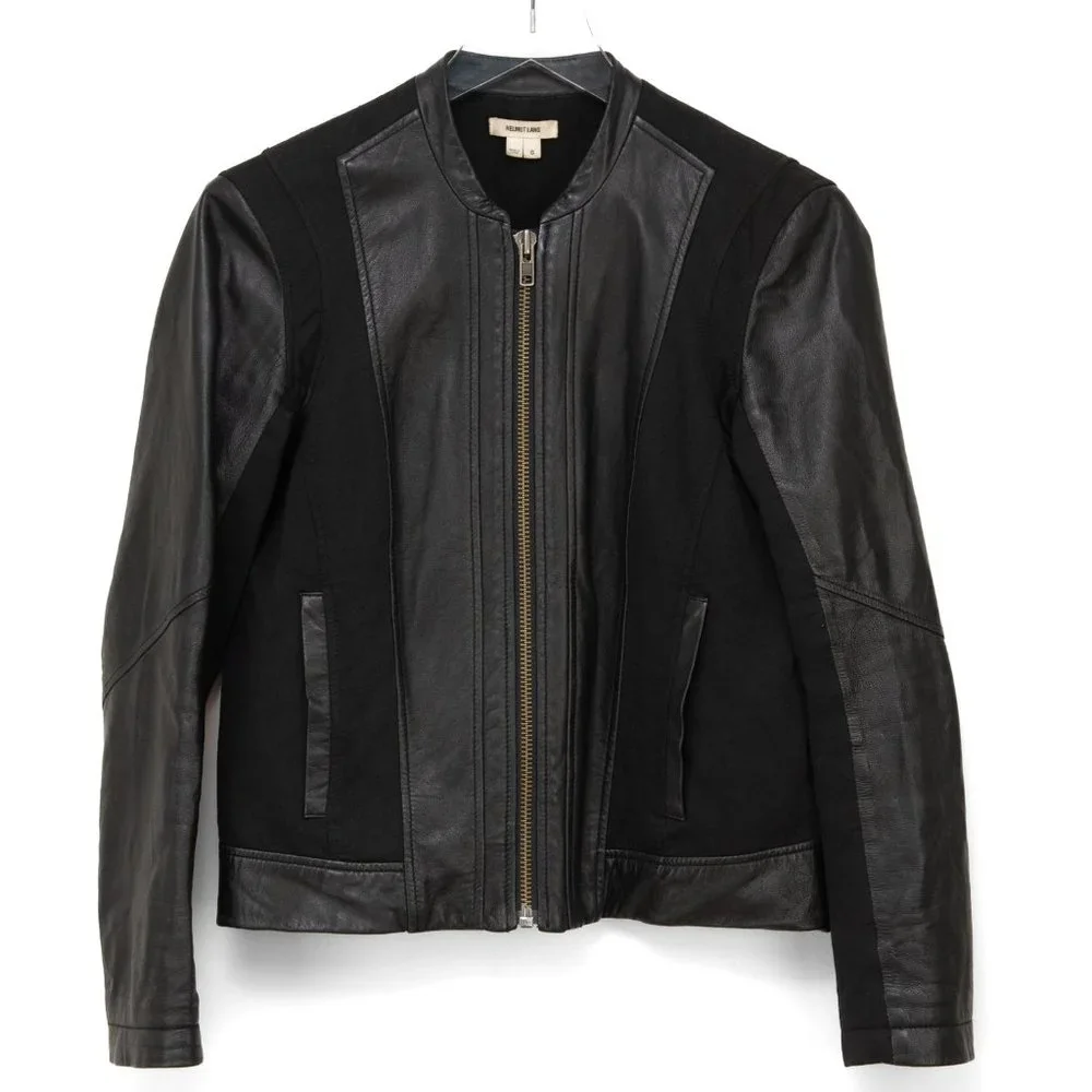 Helmut Lang Lamb Leather Jacket Sweatshirt Combo Coat Mix Media Black Size Small